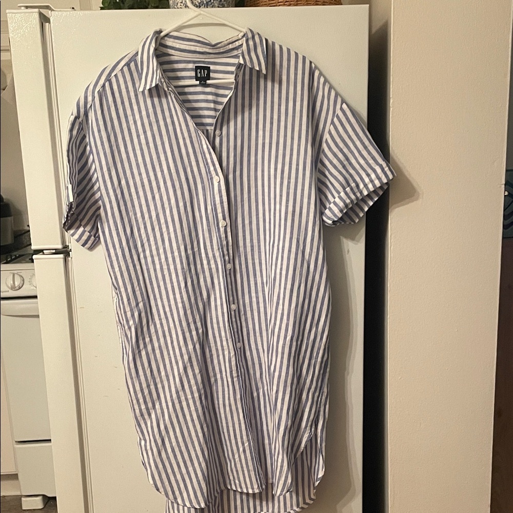 GAP Womens Large Oversized Blue White Striped Button Up Linen/Cotton Blend Dress